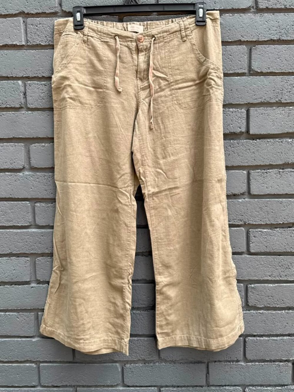 Just Living Grey Olive Linen Wide Leg Pants Sz L Drawstring Coastal Women Resort